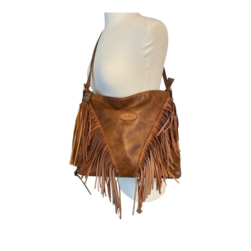 Fringe Leather Shoulder Bag - Brown
